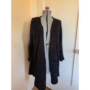 Black Cable Knit Long Cardigan Sweater Multicolor Rainbow Sequins L Open Front